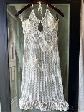 SHEIN Cream Crochet Midi Dress with Floral Appliqués